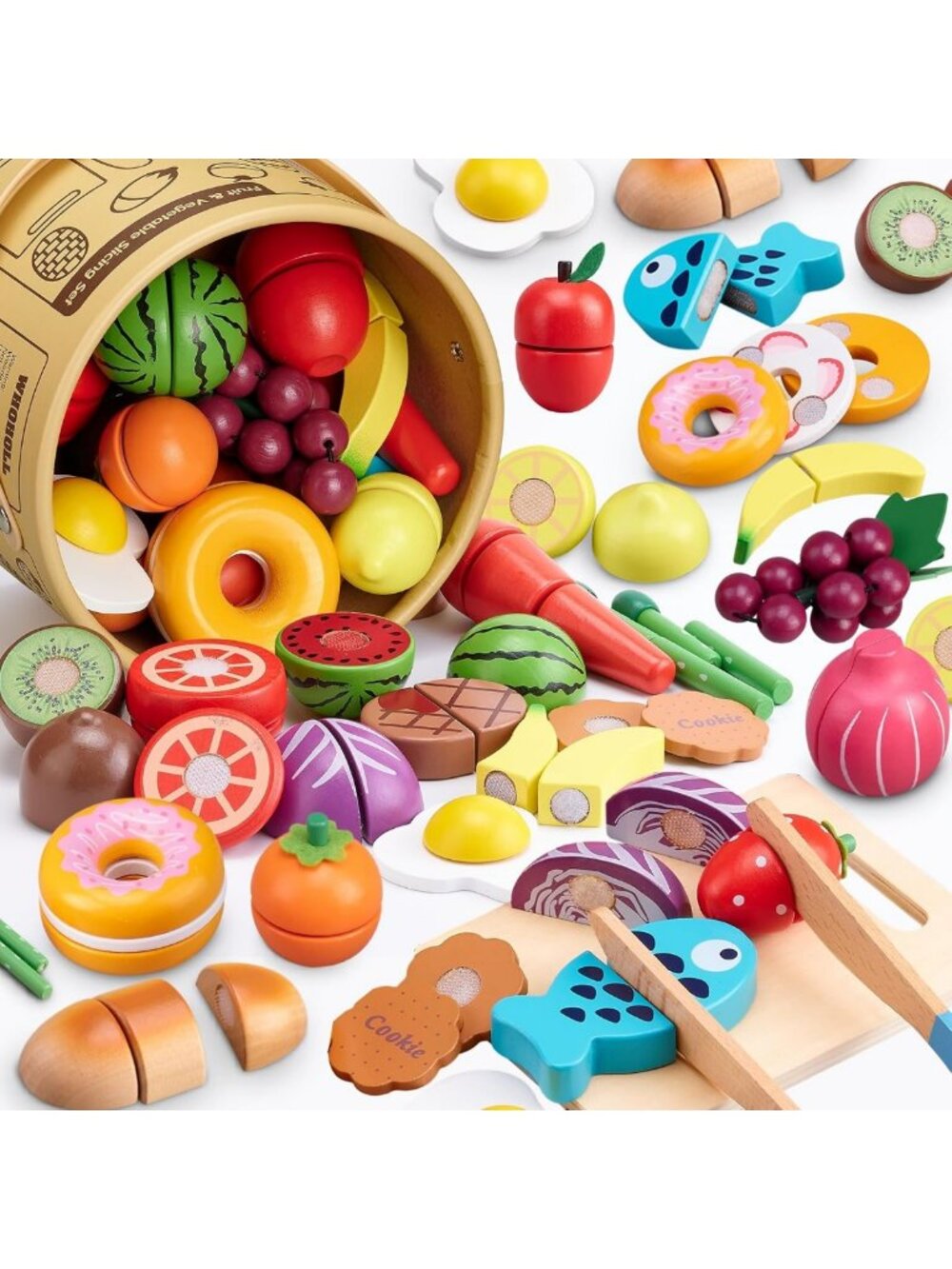 45 Pcs Wooden Play Food Set - Realistic Cutting Fruits & Veggies, Montessori Toy